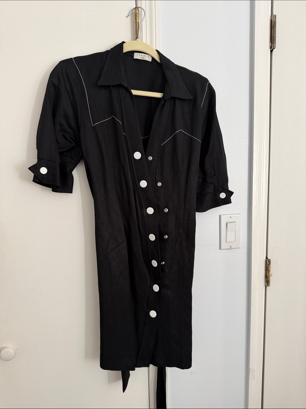 Black Button-Front Shirt Dress with Contrast Stitching